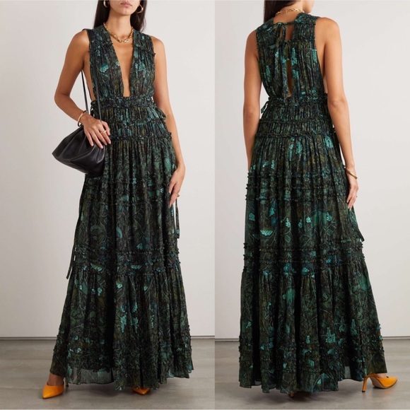 Ulla Johnson Fiona Metallic Thread Tie Back Chiffon Gown Rainforest Green Size 2 - Picture 1 of 14